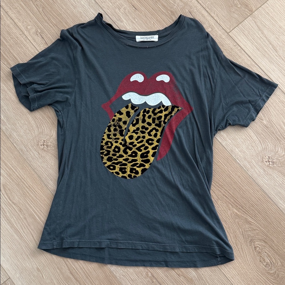 Daydreamer for Free People Gray Tee with Red and Leopard Graphic Kiss Tongue